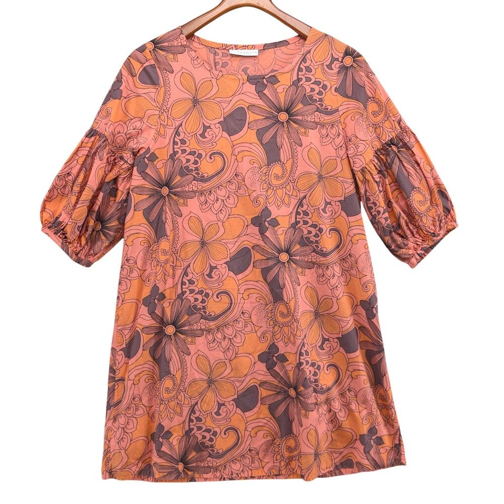 Bryn Walker Mini Shirt Dress Orange Pink Floral Puff Sleeve Peasant Boho Size S